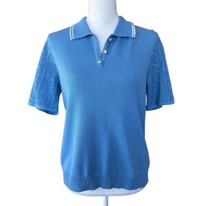 St John Womens Blue Knit Polo Shirt Short Sleeve‎ Sweater Top S